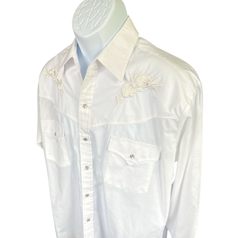 Ely Cattleman Long Sleeve White Western Pearl Snap Shirt W/Rose Embroidery,Large - Picture 5 of 9